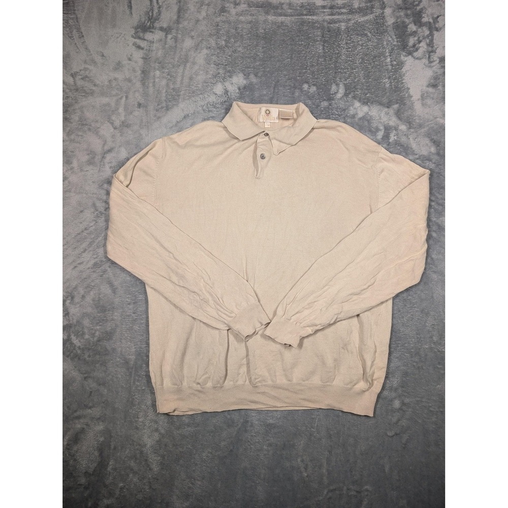 Viyella Sweater Mens Medium Beige Cotton Knit Polo Collar Long Sleeve Pullover